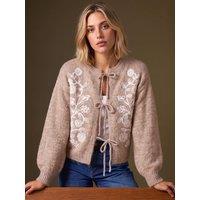 Roman Womens Embroidered Tie-Front Cardigan - Cream