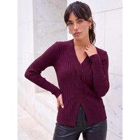 Roman Womens Cable Rib V-Neck Cardigan Jumper - Purple