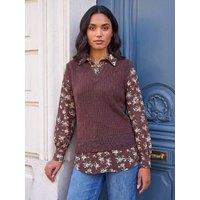 Roman Womens 2 In 1 Collar Ditsy Print Blouse - Brown