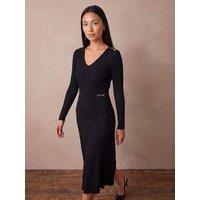 Roman Womens V-Neck Gold Buckle Trim Midi Dress - Black