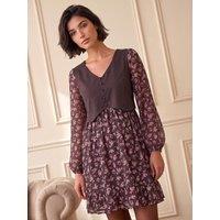 Roman Womens Petite Waistcoat Button Front Flute Hem Dress - Brown