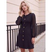 Roman Womens Petite Button Down Chiffon Sleeve Dress - Black