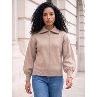 Roman Womens Ribbed Cuffs Pocket Detail Knitted Bomber Jacket - Cream