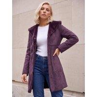 Roman Womens Petite Hooded Faux Sheepskin Side Pockets Coat - Wine