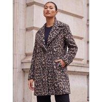 Roman Womens Petite Animal Jacquard Boucle Below-Hip Coat - Black