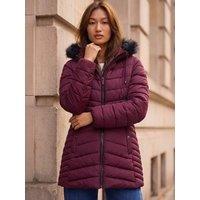 Roman Womens Padded Faux Fur Hooded Coat - Dark Red