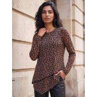 Roman Womens Lace Layered Hem Animal Print Top - Brown