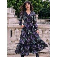 Roman Womens Butterfly Print Lace Insert Midi Dress - Purple