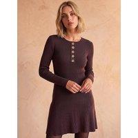 Roman Womens Button Detail Ribbed Knit Knee Length Dress - Brown