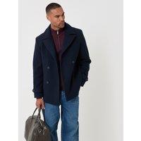 Threadbare Mens Riga Peacoat Double-Breasted Wide Lapel Jacket - Navy