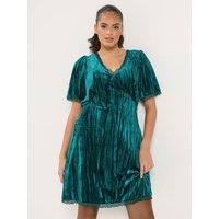 Yours Womens Curve V-Neck Lace Trim Tie Waist Tea Dress - Green