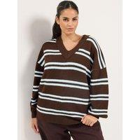 Yours Womens Curve V-Neck Stripe Soft-Touch Jumper - Brown