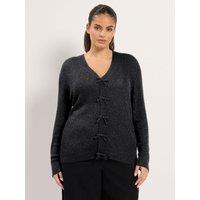 Yours Womens Curve Lurex Shimmer Bow Front Ribbed Cardigan - Black