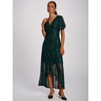 Jolie Moi Womens Sequin Angel Sleeve Wrap Maxi Dress - Green
