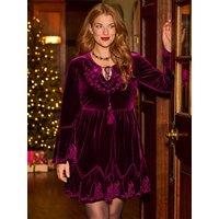 Joe Browns Womens Darcie Embroidered Velour Fluted Sleeve Tunic Dress - Pink