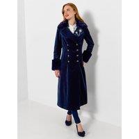 Joe Browns Womens Hallie Faux Fur Trim Double Breasted Long Coat - Blue