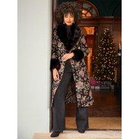 Joe Browns Womens Long Faux Fur Trim Jacquard Statement Coat - Black
