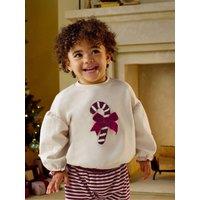 Mamas & Papas Baby Girls Textured Candy Cane Applique Velvet Bow Sweatshirt - Cream