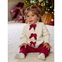 Mamas & Papas Girls Christmas Bow Detail Cardigan & Leggings Set - Red/Cream