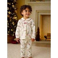 Mamas & Papas Baby Girls Pure Cotton Berry Bow Collared Christmas Pyjamas - White