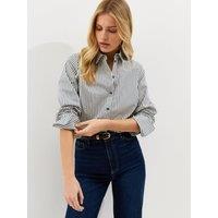 New Look Womens Slim Stripe Curved Hem Long Sleeve Shirt - Blue