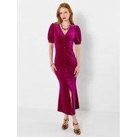 Joe Browns Womens Button Through Velour V-Neck Puff Sleeve Dress - Pink