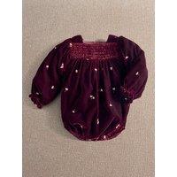 Mamas & Papas Girls Floral Embroidered Velour Romper - Dark Red