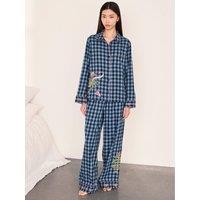 Chelsea Peers Womens Cotton Embroidered Gingham Long Pyjama Set - Dark Blue