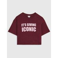 River Island Girls Its Giving Iconic Slogan Print Cotton T-Shirt - Burgundy