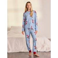 Chelsea Peers Womens Christmas Skiing Santa Print Long Pyjama Set - Blue