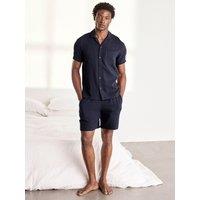 Chelsea Peers Mens Organic Cotton Embroidered Short Pyjama Set - Dark Blue