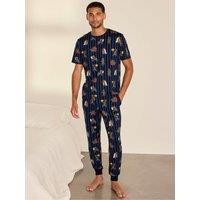 Chelsea Peers Mens Nap Bandit Stretch Wolf Print Long Pyjama Set - Dark Blue