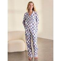 Chelsea Peers Chelsea Peers Organic Cotton Checkerboard Croissant Print Long Pyjama Set - Blue