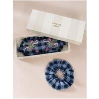 Chelsea Peers Womens Organic Cotton Gingham Dragon Sleep Mask & Scrunchie Gift Set - Dark Blue