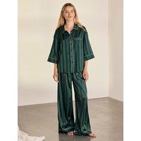 Chelsea Peers Womens Evergreen Stripe Satin Long Pyjama Set - Green