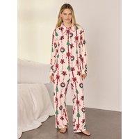 Chelsea Peers Womens Christmas Ribbon Stripe Print Long Pyjama Set - Off White