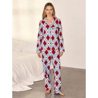 Chelsea Peers Womens Harlequin Heart Print Button-Front Long Pyjama Set