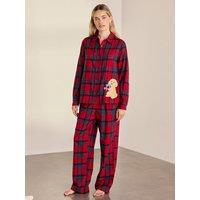 Chelsea Peers Womens Cotton Embroidered Chip The Cockapoo Tartan Long Pyjama Set - Red