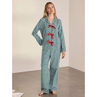 Chelsea Peers Womens Organic Cotton Gingham Tie Front Long Pyjama Set - Green