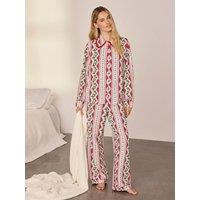 Chelsea Peers Womens Christmas Garland Holly Stripe Print Button-Through Pyjama Set - Red