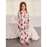Chelsea Peers Chelsea Peers Kids Christmas Ribbon Stripe Print Long Pyjama Set - Off White
