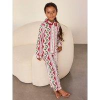 Chelsea Peers Girls Christmas Garland Holly Stripe Print Long Pyjama Set - Red