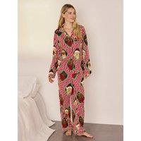 Chelsea Peers Womens Christmas Chip & Friends Stripe Print Long Pyjama Set - Red