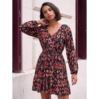 Roman Womens Abstract Shirred Waist Fit And Flare Dress - Black