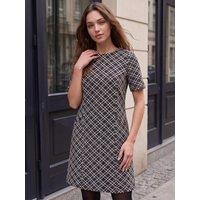 Roman Womens Petite Jacquard Check V-Neck Stretch Jersey Dress - Cream