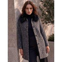 Roman Womens Petite Animal Jacquard Faux Fur Collar Coat - Grey