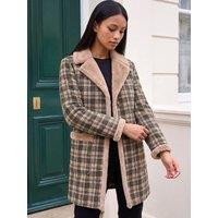 Roman Womens Petite Check Faux-Fur Trim Coat - Cream