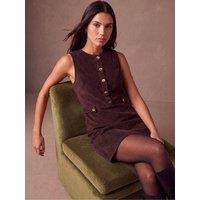 Roman Womens Cord Pinafore Mini Button-Through Dress - Brown