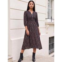 Roman Womens Petite Shirred Bodice Button Front Midi Dress - Black