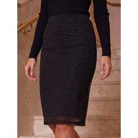 Roman Womens Hot Fix Embellished Stretch Knee Length Skirt - Black